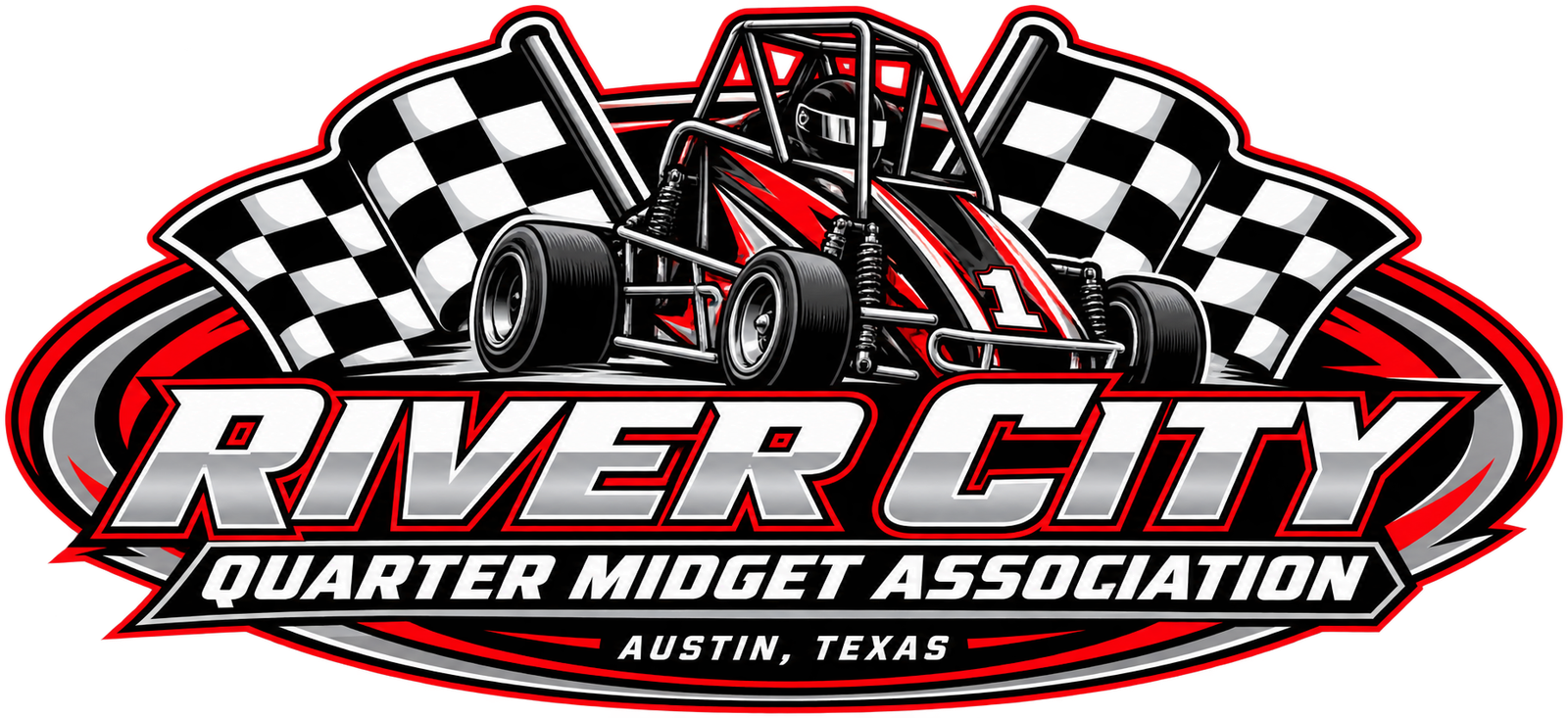 River City Quarter Midget Association logo featuring a quarter midget race car and checkered flags
